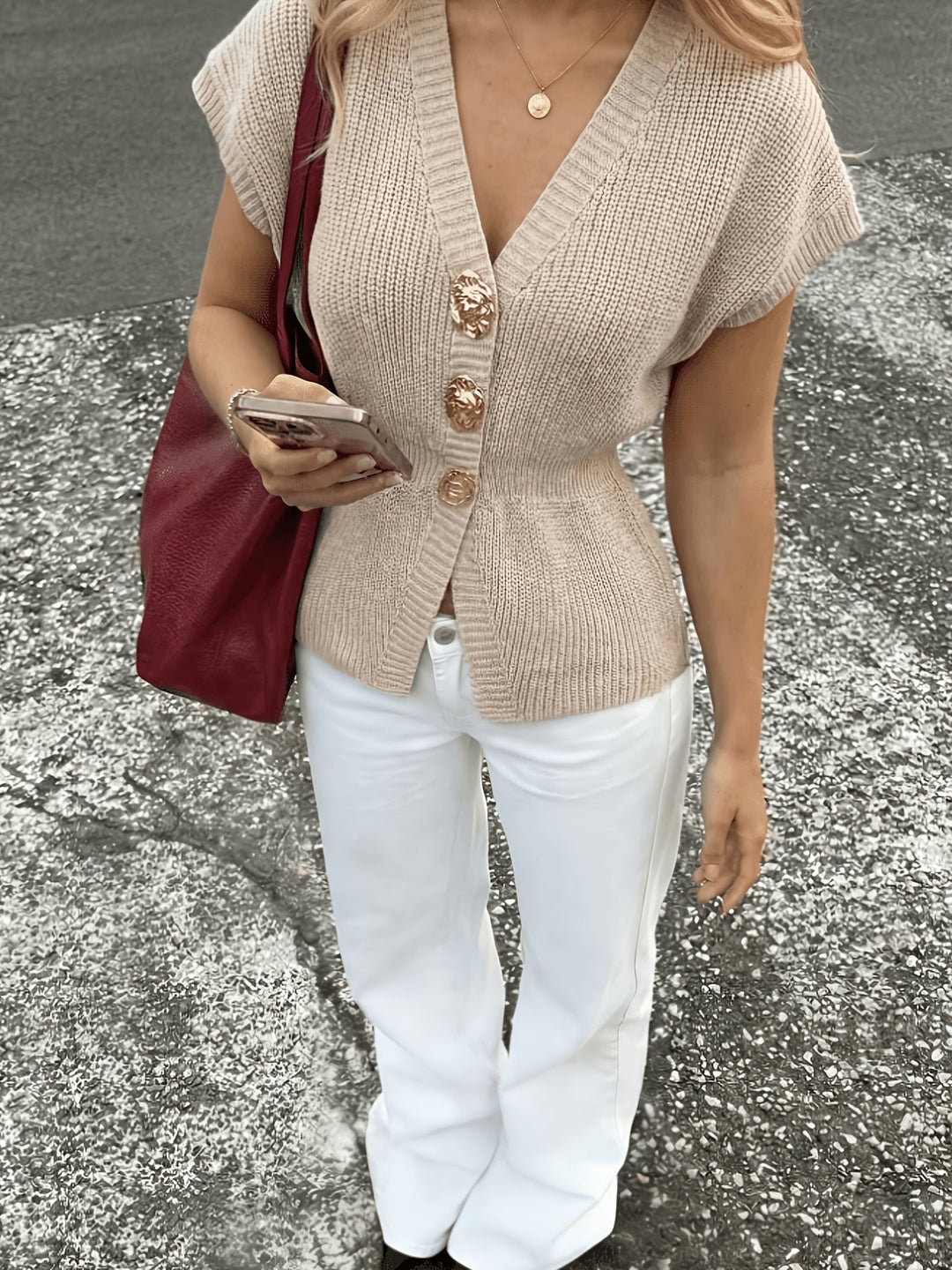 Clara | Short-Sleeve V-Neck Cardigan with Shaped Waist