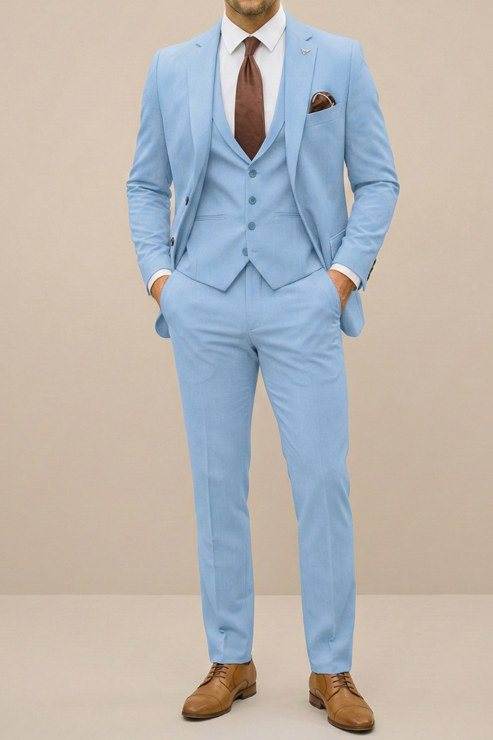 Men's Three-Piece Suit with Light Blue Waistcoat | Premium Occasion Wear