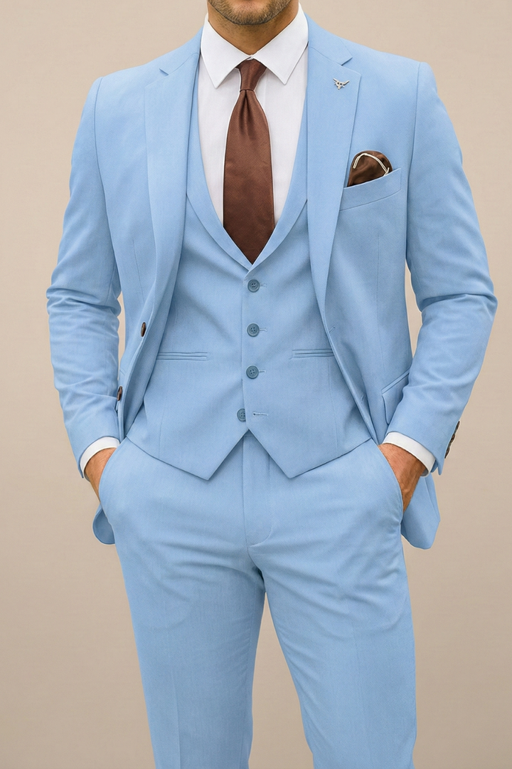 Men's Three-Piece Suit with Light Blue Waistcoat | Premium Occasion Wear