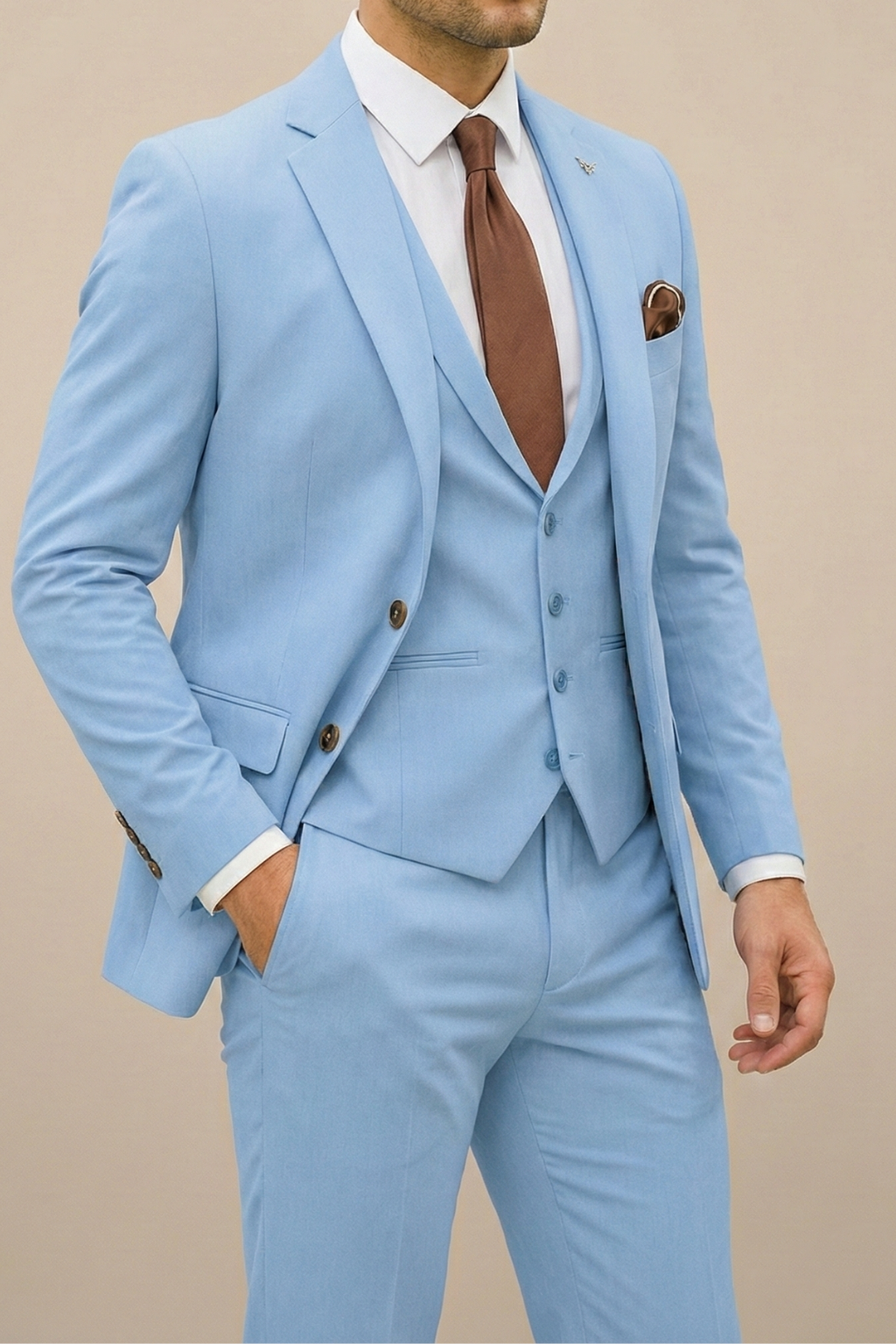 Men's Three-Piece Suit with Light Blue Waistcoat | Premium Occasion Wear