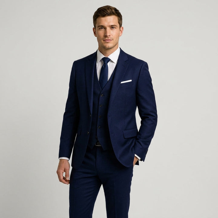 Men's Slim-Fit Three-Piece Suit, Navy Blue Peak Lapel | Elegant
