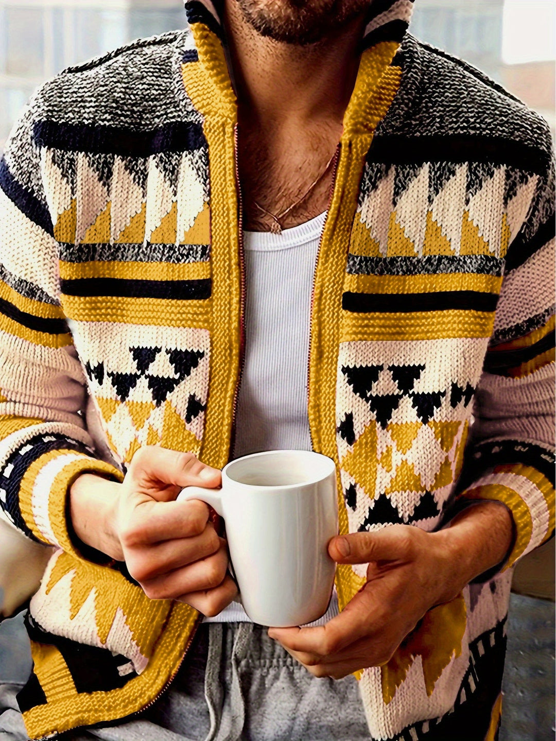 Daniel | Patterned Zip-Up Cardigan with Stand Collar