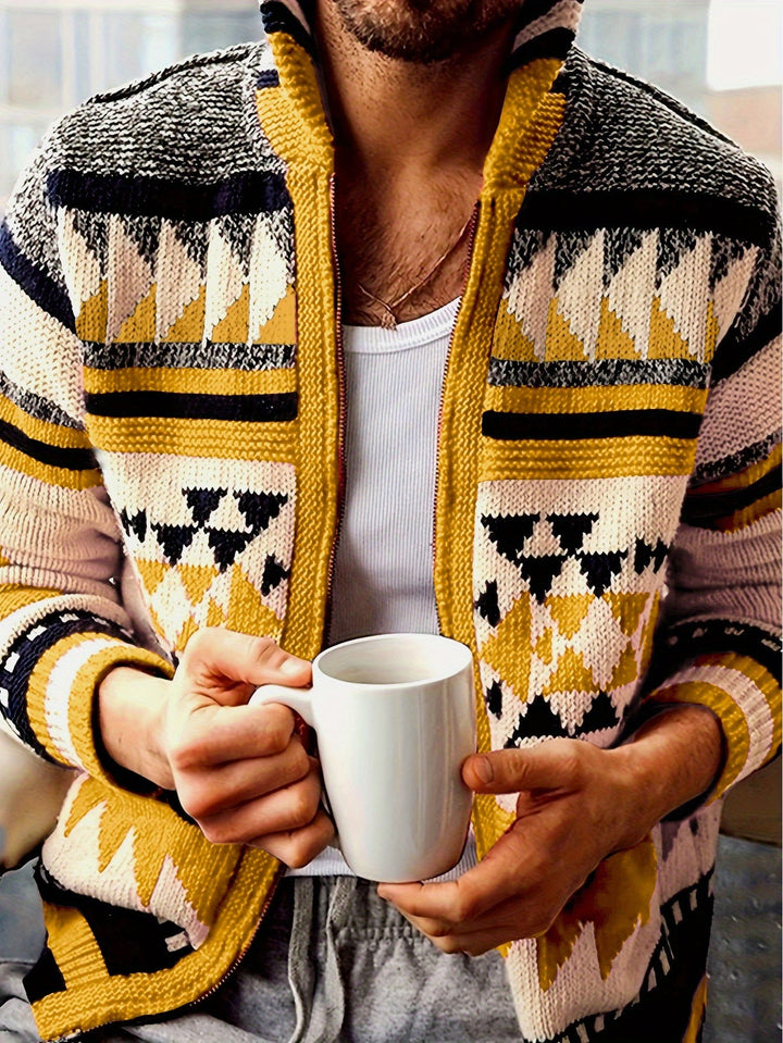 Daniel | Patterned Zip-Up Cardigan with Stand Collar