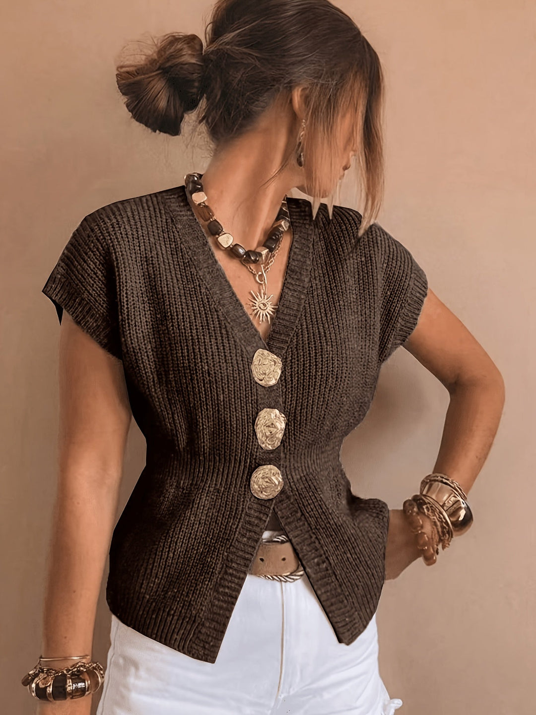 Clara | Short-Sleeve V-Neck Cardigan with Shaped Waist