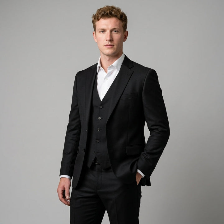 Men's Slim-Fit Three-Piece Suit, Navy Blue Peak Lapel | Elegant
