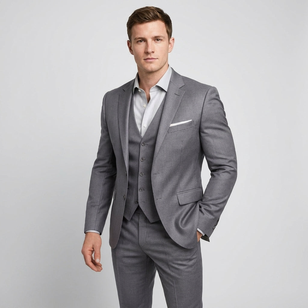 Men's Slim-Fit Three-Piece Suit, Navy Blue Peak Lapel | Elegant