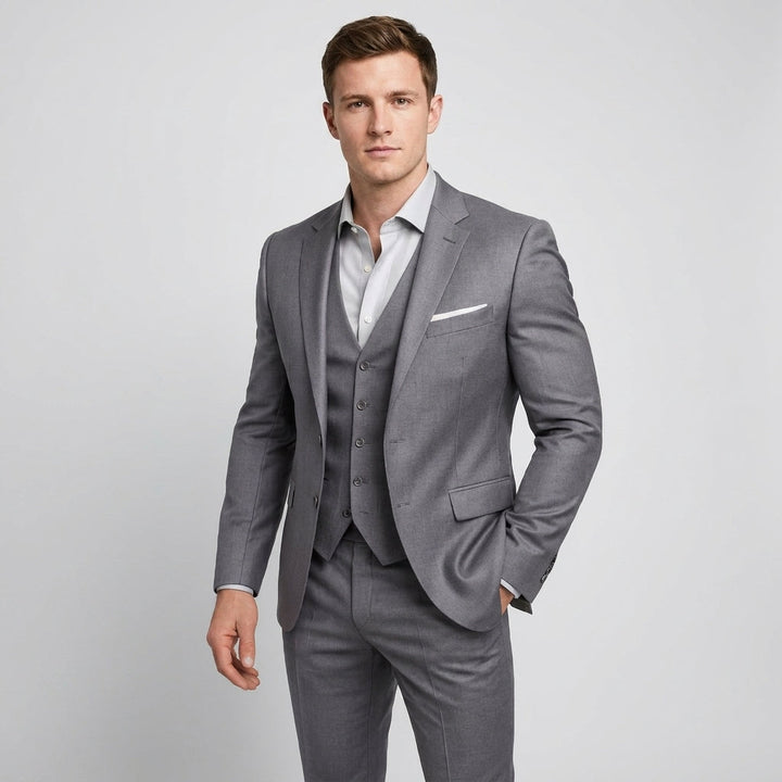 Men's Slim-Fit Three-Piece Suit, Navy Blue Peak Lapel | Elegant