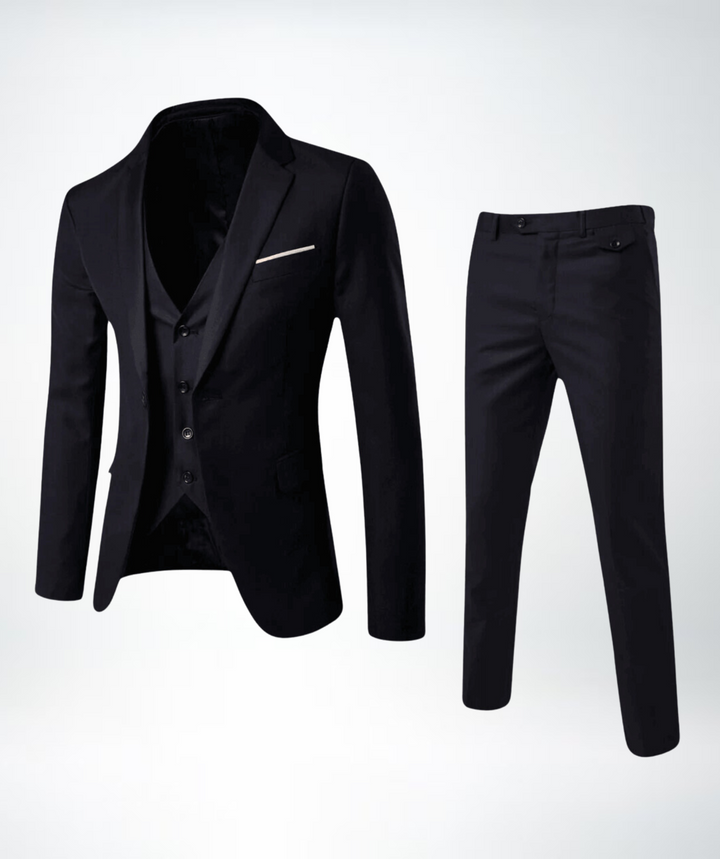 Men's Slim-Fit Three-Piece Suit, Navy Blue Peak Lapel | Elegant