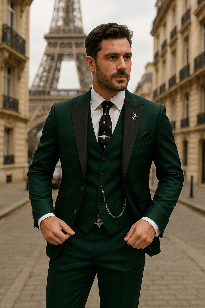 Men's Slim-Fit Three-Piece Suit, Green | Modern Formal Wear