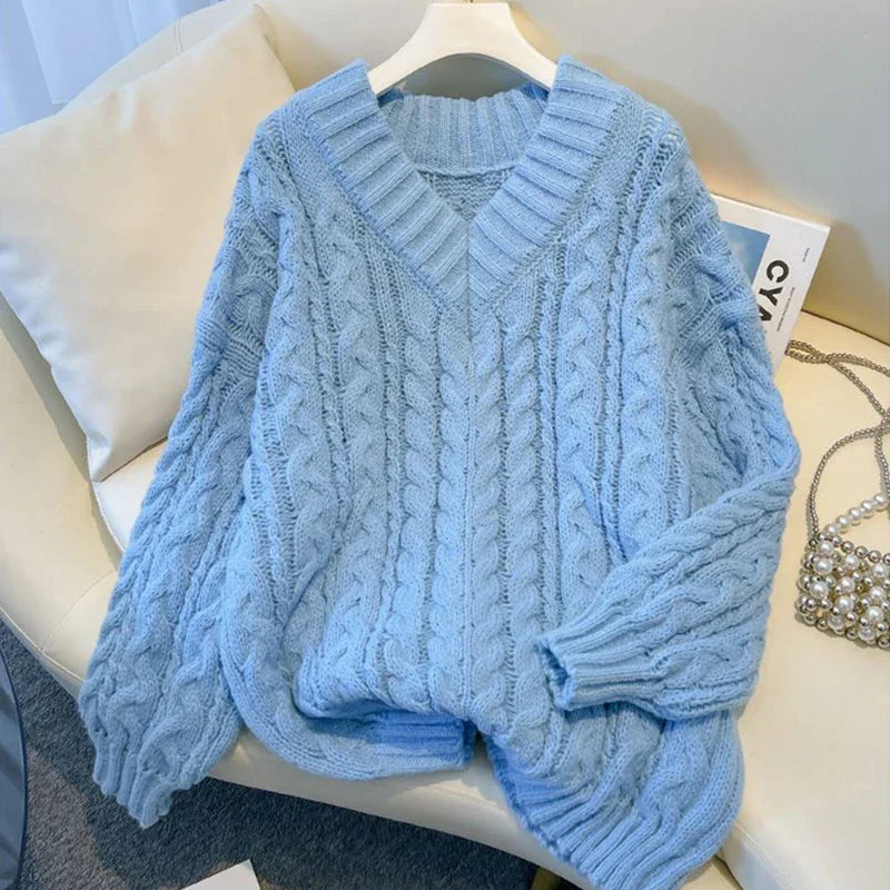 Oversized V-Neck Cable Knit Sweater | Cozy Comfort & Timeless Style