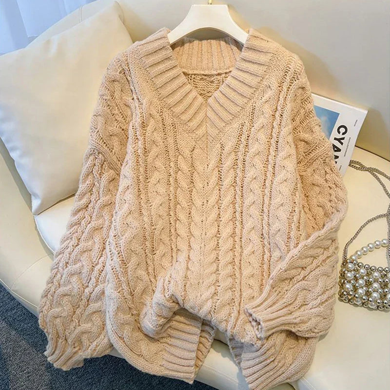 Oversized V-Neck Cable Knit Sweater | Cozy Comfort & Timeless Style