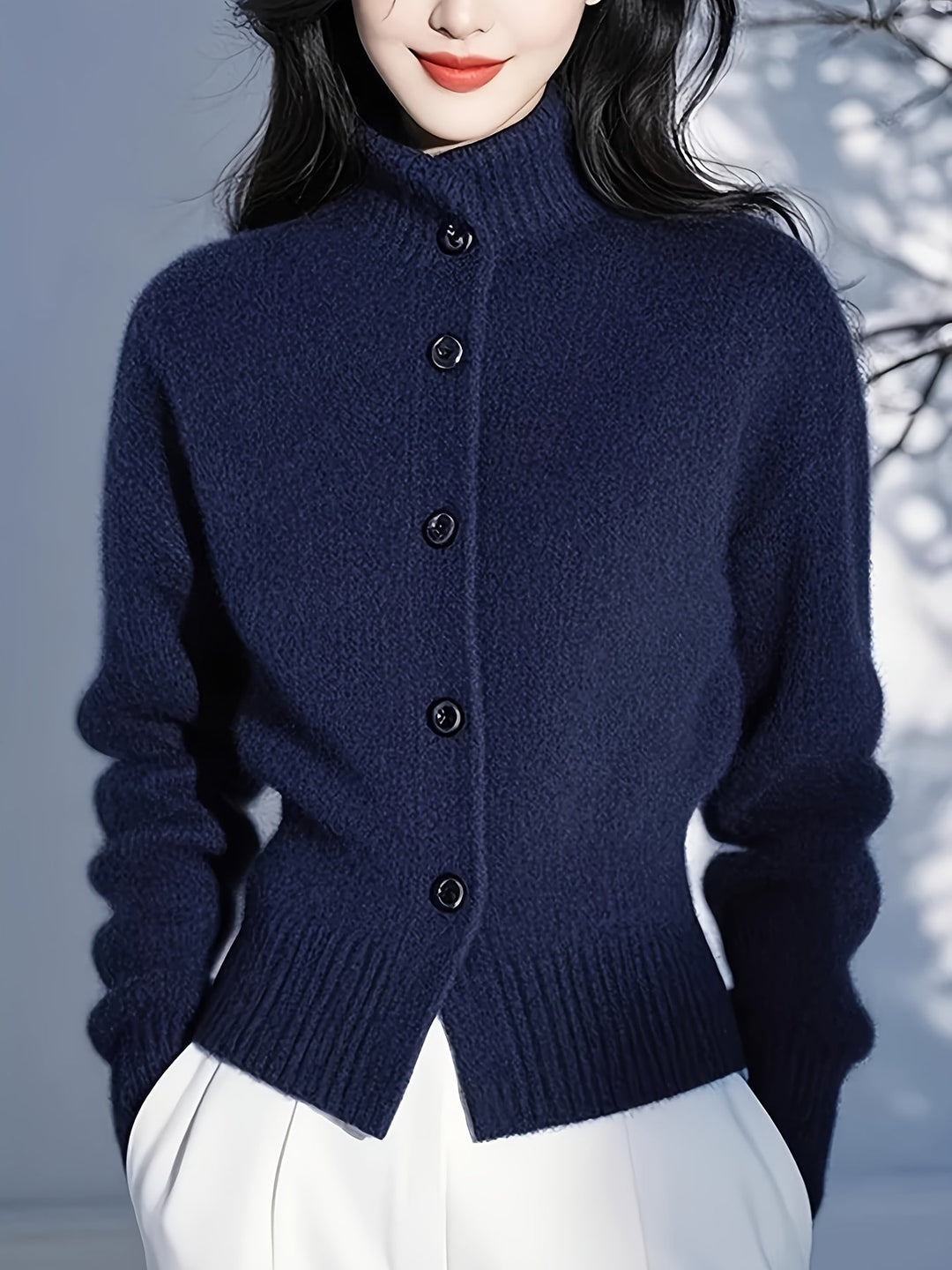 Freya | High-Neck Button Cardigan with Ribbed Cuffs
