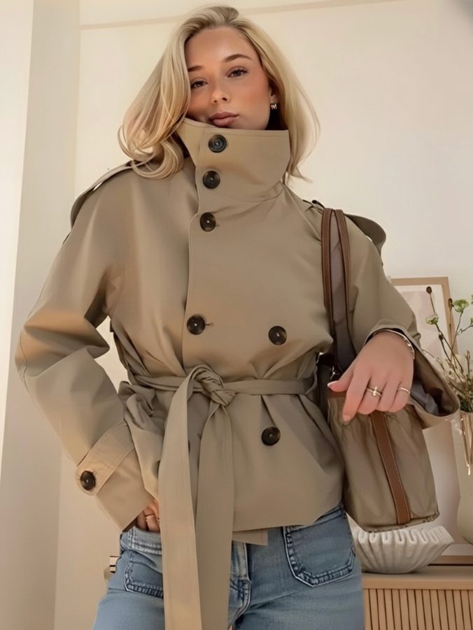 Millie | Short Belted Trench Coat with Raised Collar