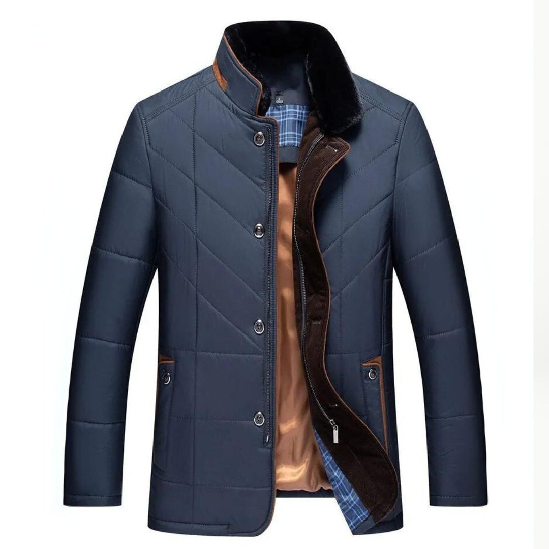 Men's quilted winter coat in blue, front view