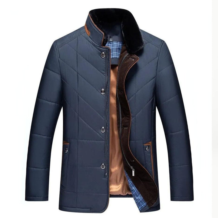 Men's quilted winter coat in blue, front view