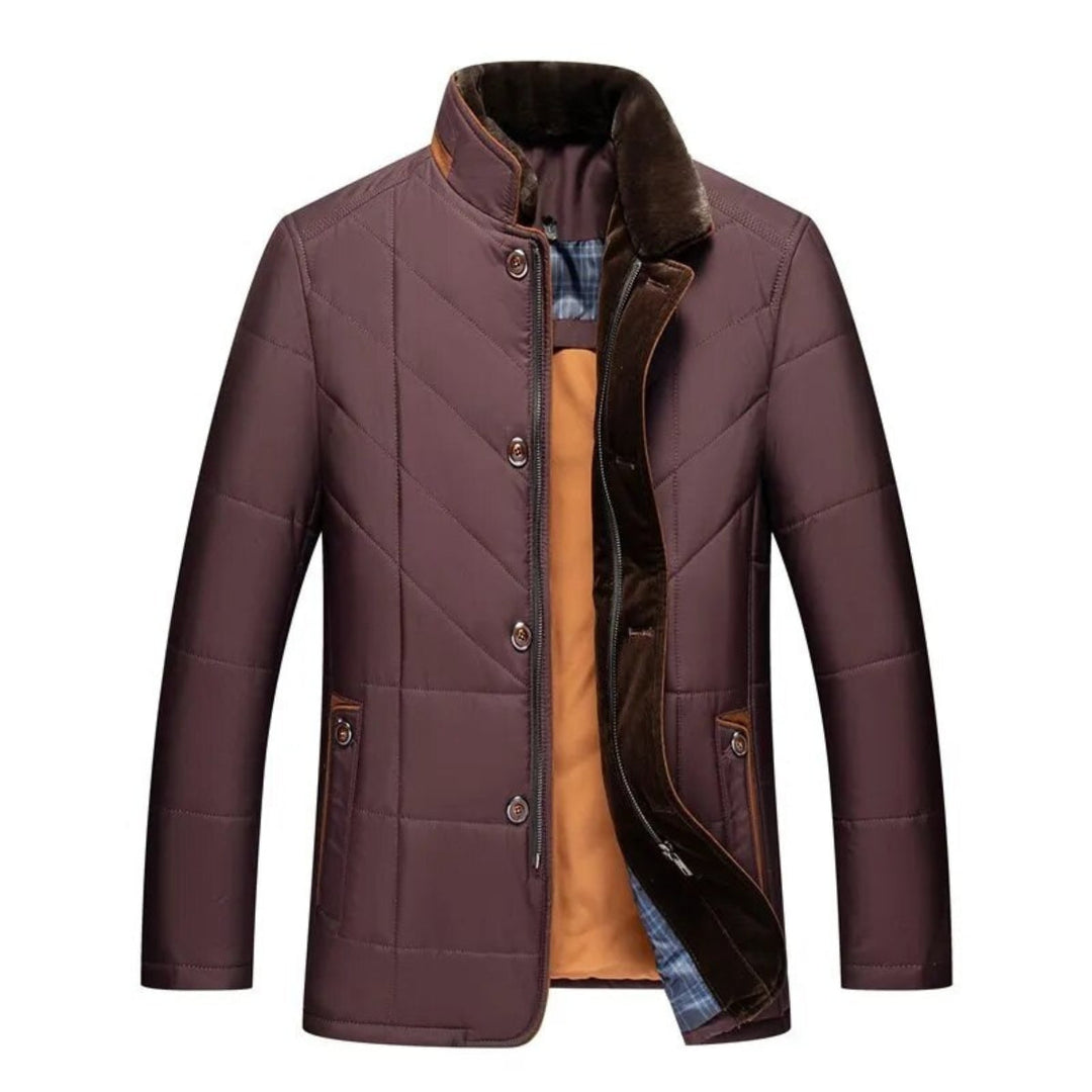 Men's quilted winter coat in red, front view
