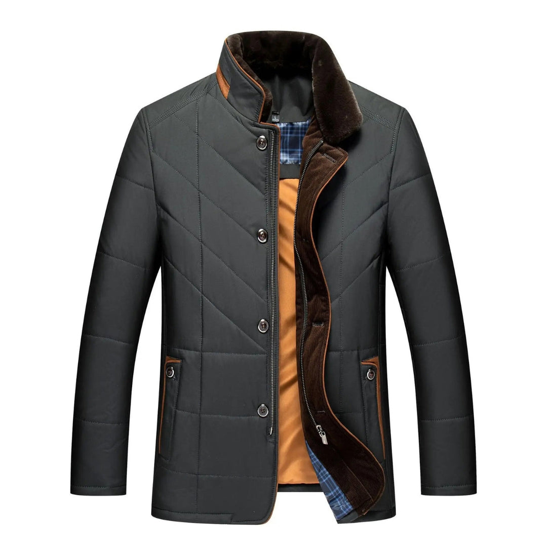 Men's quilted winter coat in black, front view