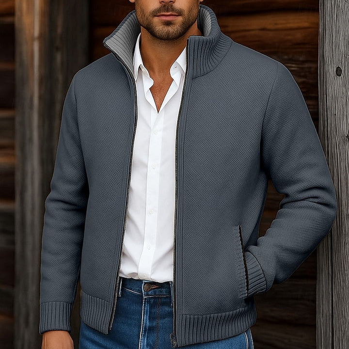 Andrew | Stand-Collar Zip Cardigan with Ribbed Trims