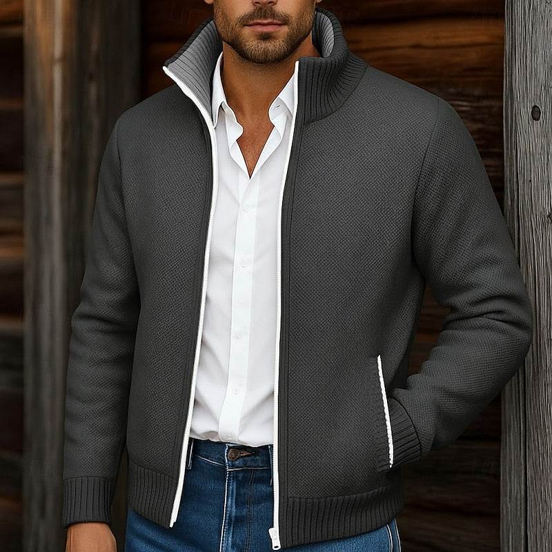 Andrew | Stand-Collar Zip Cardigan with Ribbed Trims