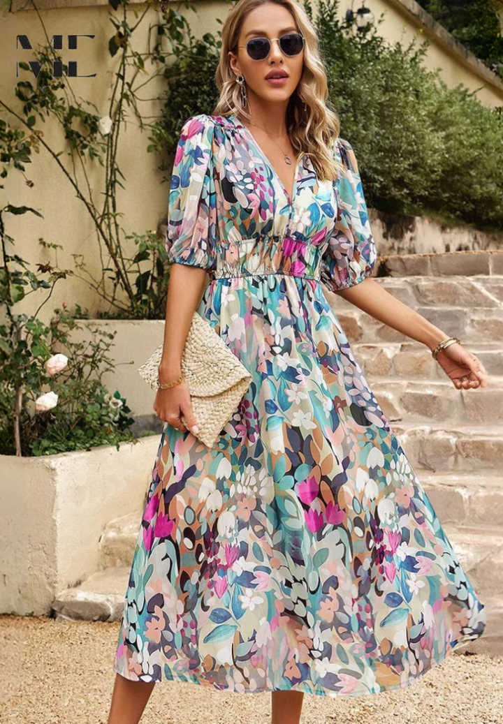 Jasmine | Floral Midi Dress with V-Neck for Occasions