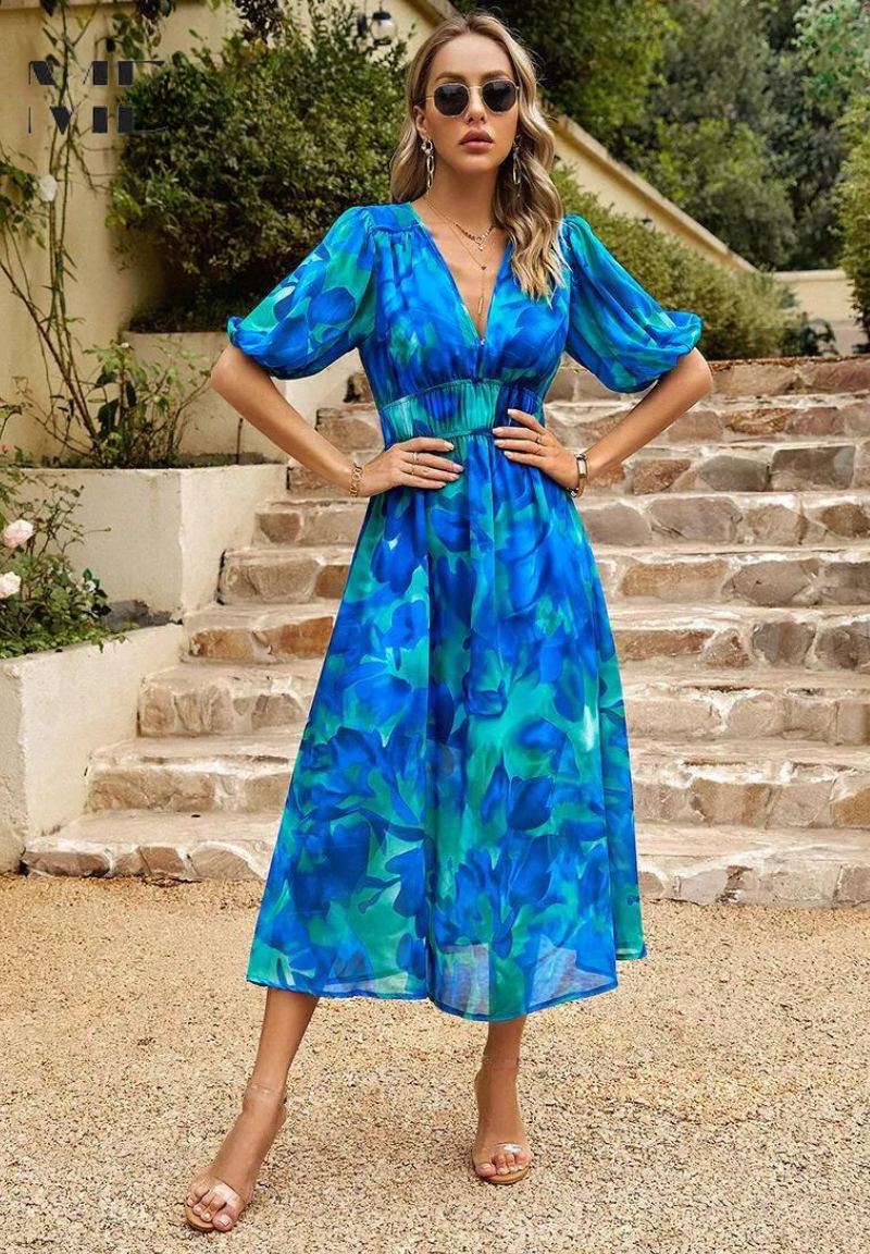 Jasmine | Floral Midi Dress with V-Neck for Occasions