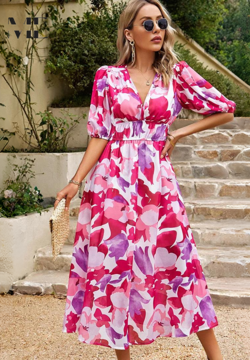 Jasmine | Floral Midi Dress with V-Neck for Occasions