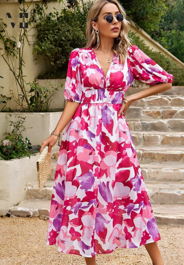 Jasmine | Floral Midi Dress with V-Neck for Occasions