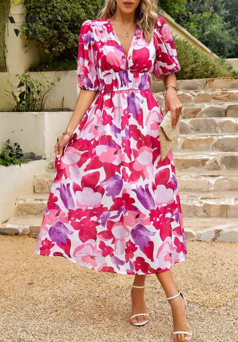 Jasmine | Floral Midi Dress with V-Neck for Occasions