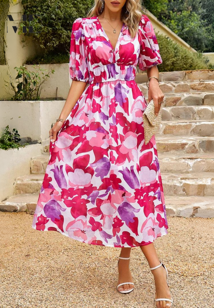 Jasmine | Floral Midi Dress with V-Neck for Occasions