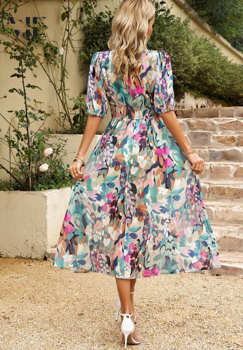 Jasmine | Floral Midi Dress with V-Neck for Occasions